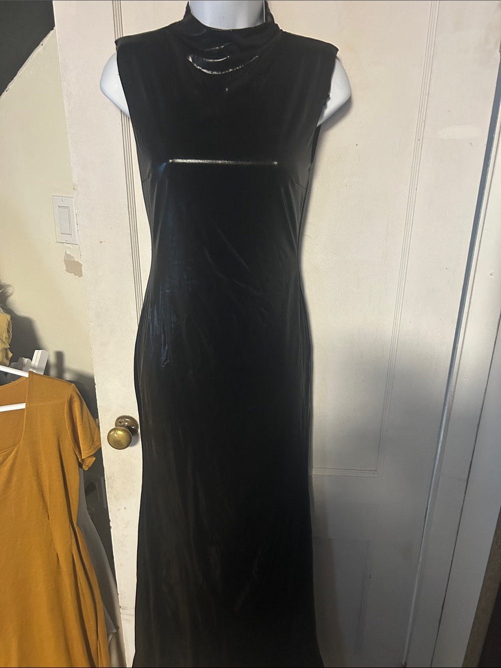 Fashion Nova Shiny Black Sleeveless Mock Neck Maxi Dress